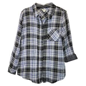 Westbound Tunic Shirt Plaid Button Down Top‎ Long Roll Up Sleeve Black Blue L XL